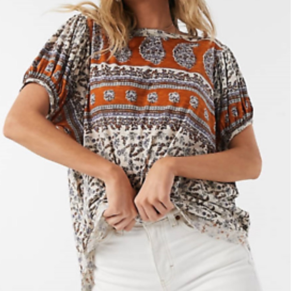 Free People Puff Sleeve Scoop Back Paisley Top